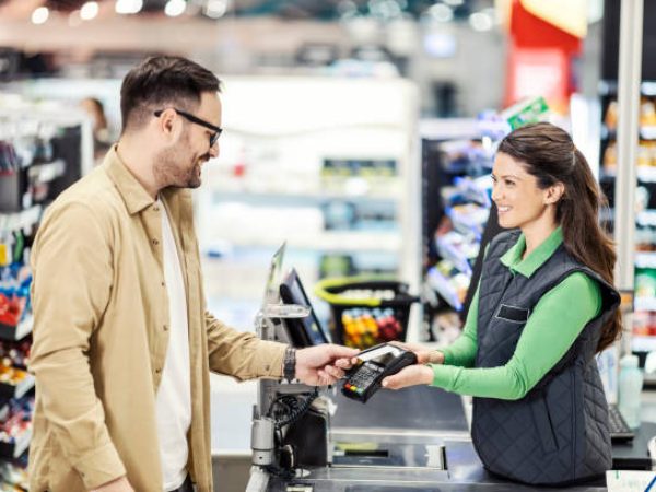 A customer paying with credit card at checkout in hypermarket.