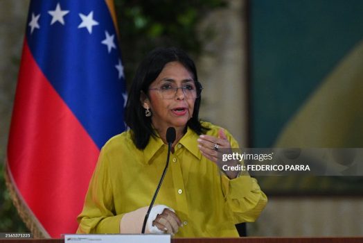 Venezuela's Vice President Delcy Rodriguez speaks during a meeting with Venezuela's Foreign Minister Yvan Gil (out of frame) and members of the diplomatic corps accredited to Venezuela at the Ministry of Foreign Affairs in Caracas on August 8, 2024. (Photo by Federico PARRA / AFP) (Photo by FEDERICO PARRA/AFP via Getty Images)