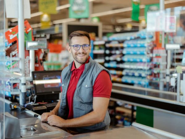 Portrait of a smiling shopkeeper in a grocery store