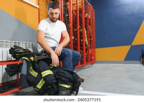 fireman-changing-clothes-fastening-his-260nw-2405377191